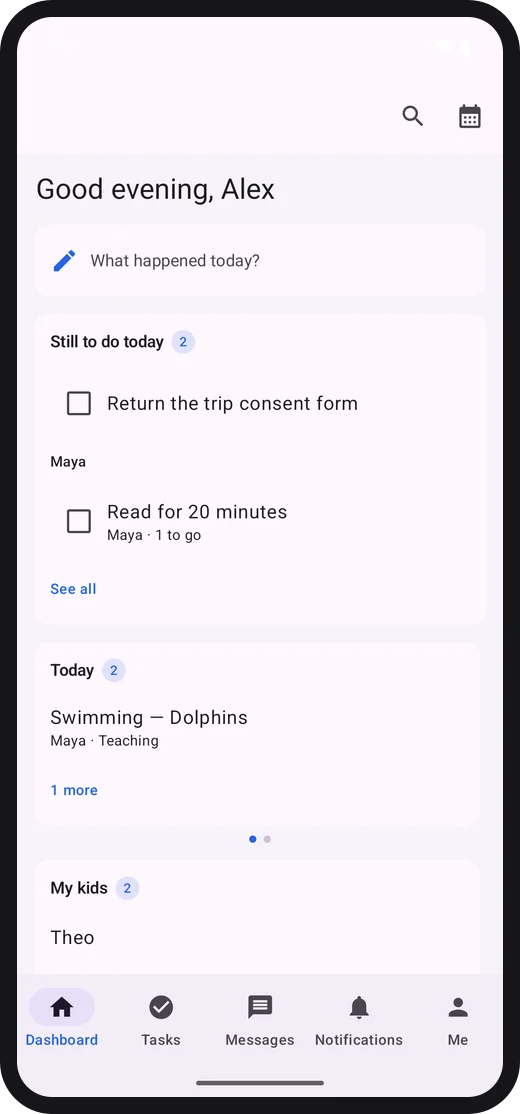 The dashboard on Android