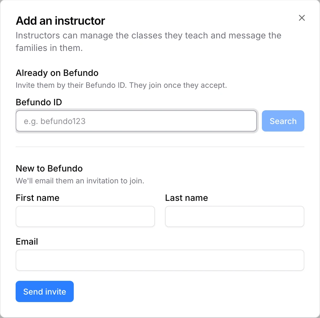 The Add an instructor form: search by Befundo ID, or a new instructor's name and email with Send invite