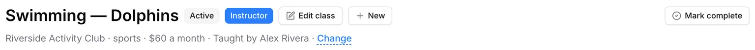 A class header reading Taught by Alex Rivera, with a Change link beside the name