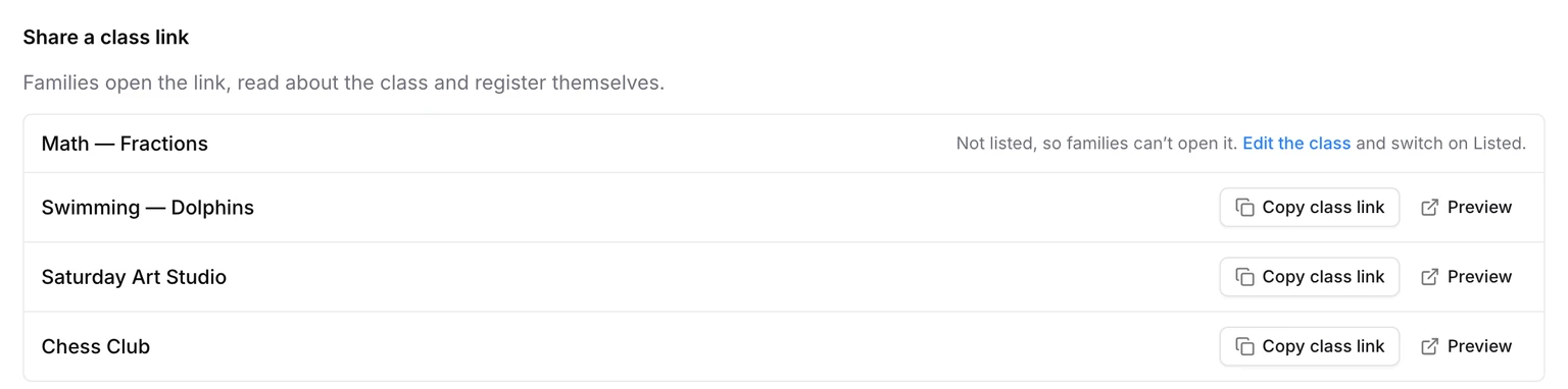 Share a class link: each class with a Copy class link button and a Preview