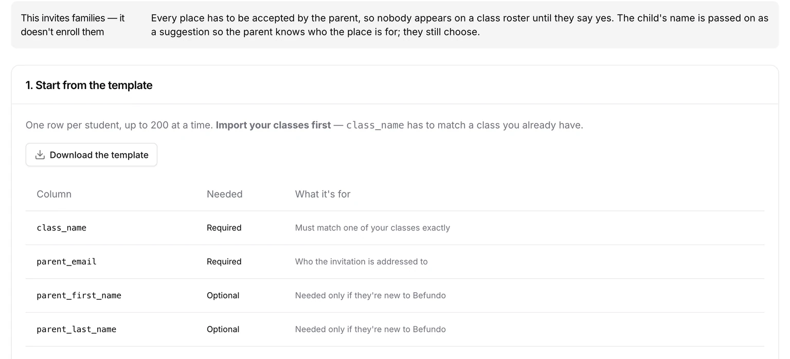 The import page's notice: This invites families — it doesn't enroll them, above the template download