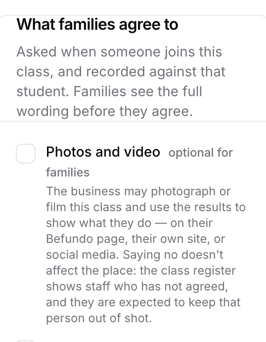 What families agree to, with Photos and video marked optional for families and its full wording