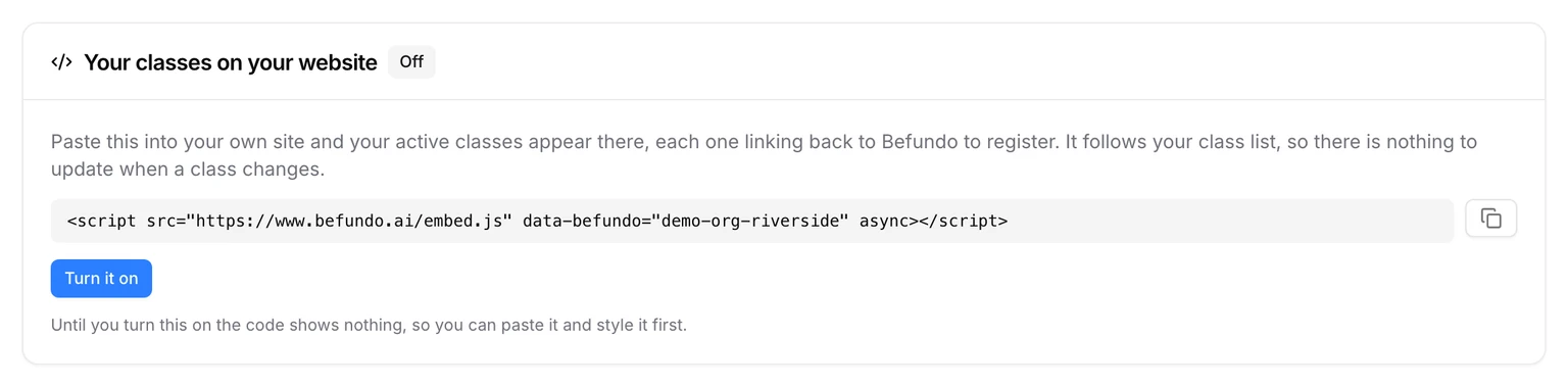 Your classes on your website: the one-line code to paste, and a Turn it on button
