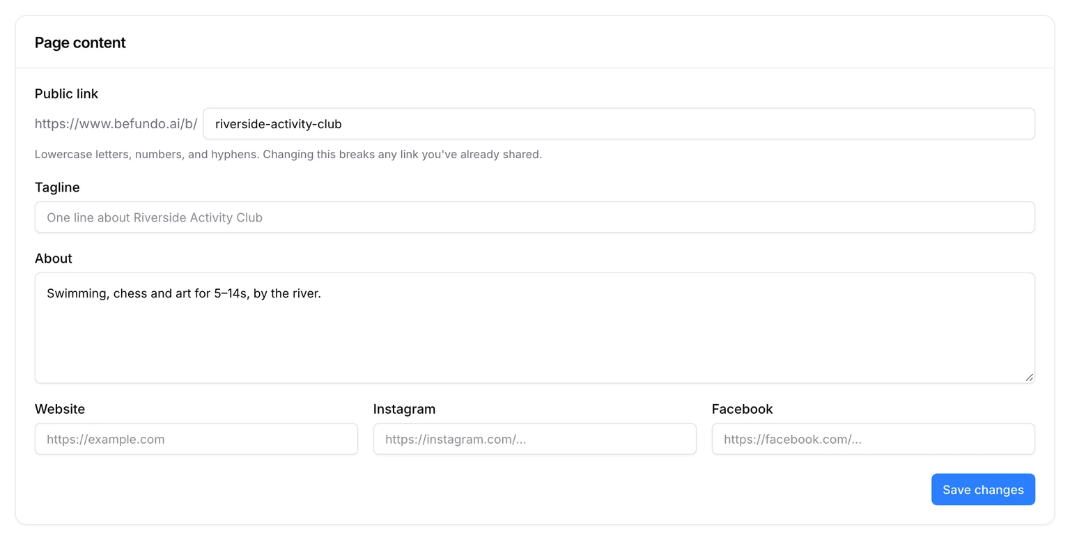Page content: the public link, tagline, about, and website and social links, with Save changes