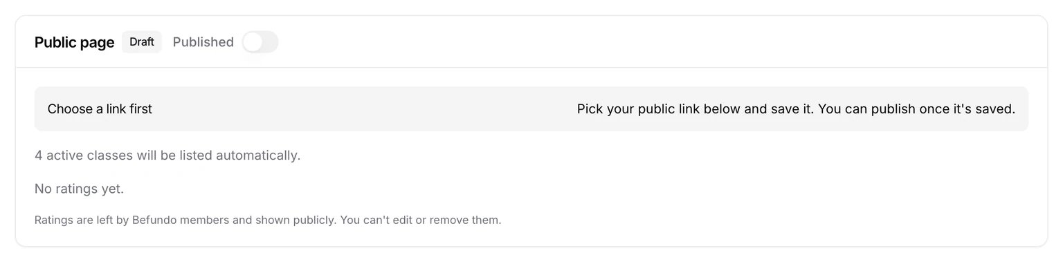 The Public page card: a Draft badge and a Published switch, with a note to choose a link first