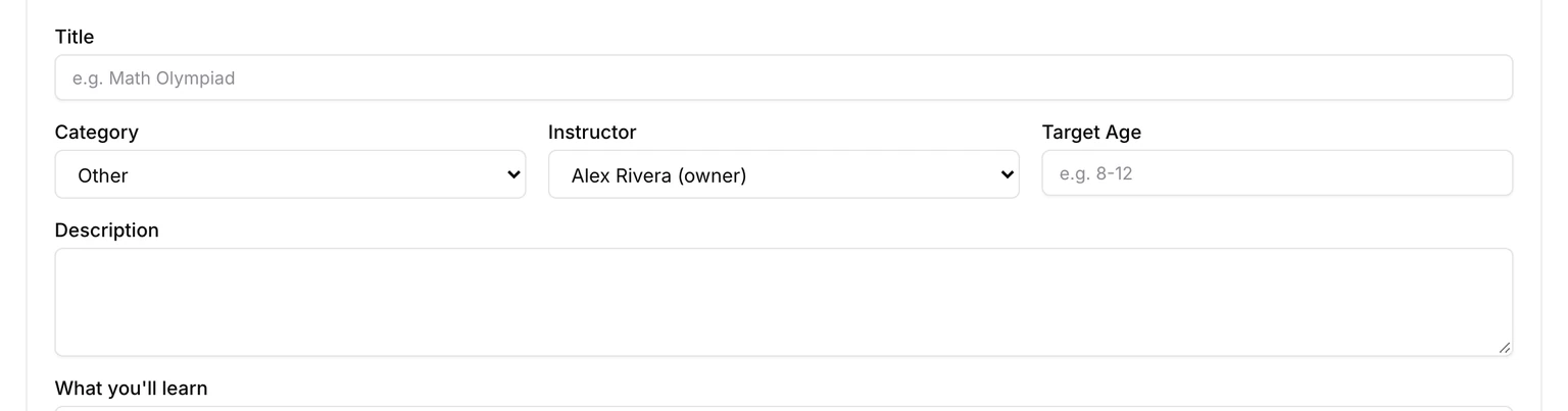 The class form: Title, Category, Instructor, Target Age and Description