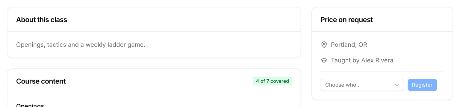A class's About box and a price box reading Price on request