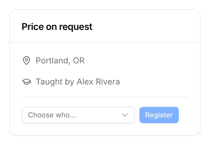 A class page's register box: a picker reading "Choose who…" and a Register button that stays off until somebody is chosen