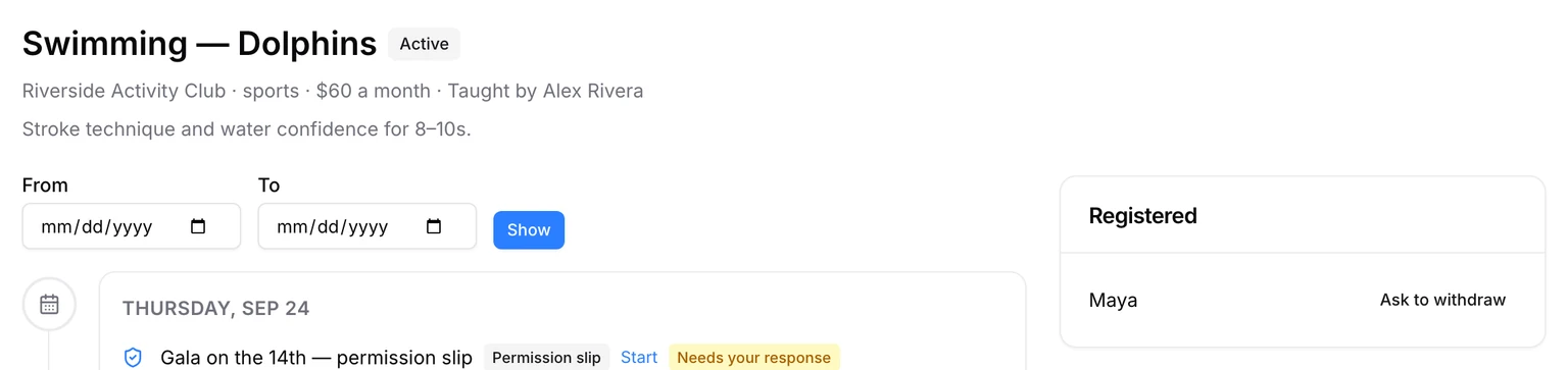 The Registered box on a class the child is in, with an Ask to withdraw button beside her name