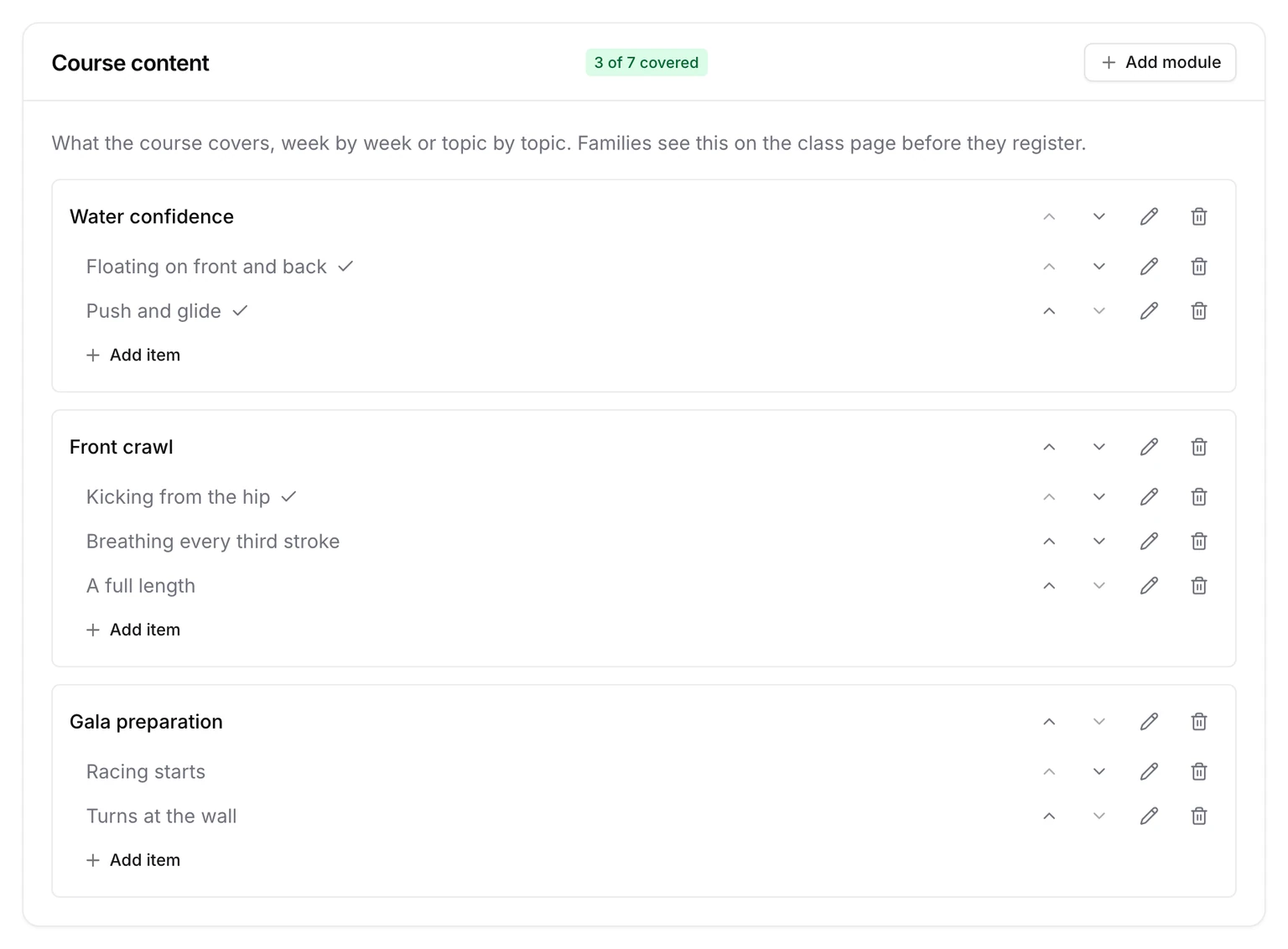 The Course content card: three modules with their items, three of seven ticked, and an Add module button