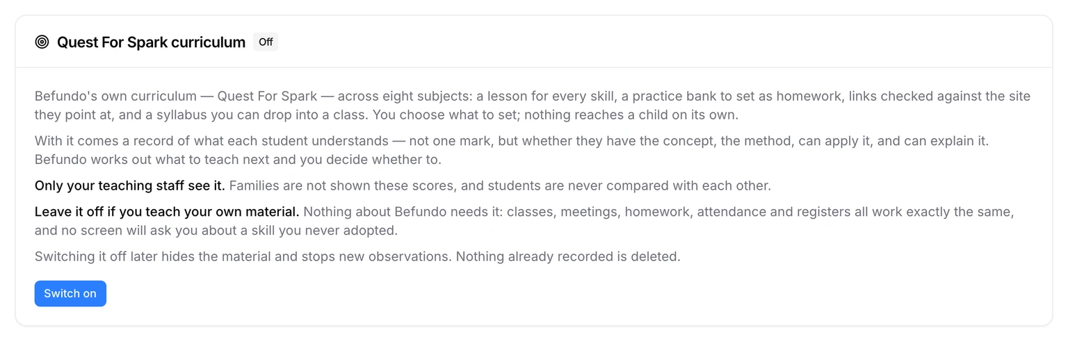 The Quest For Spark curriculum card on Integrations, switched off, with a Switch on button