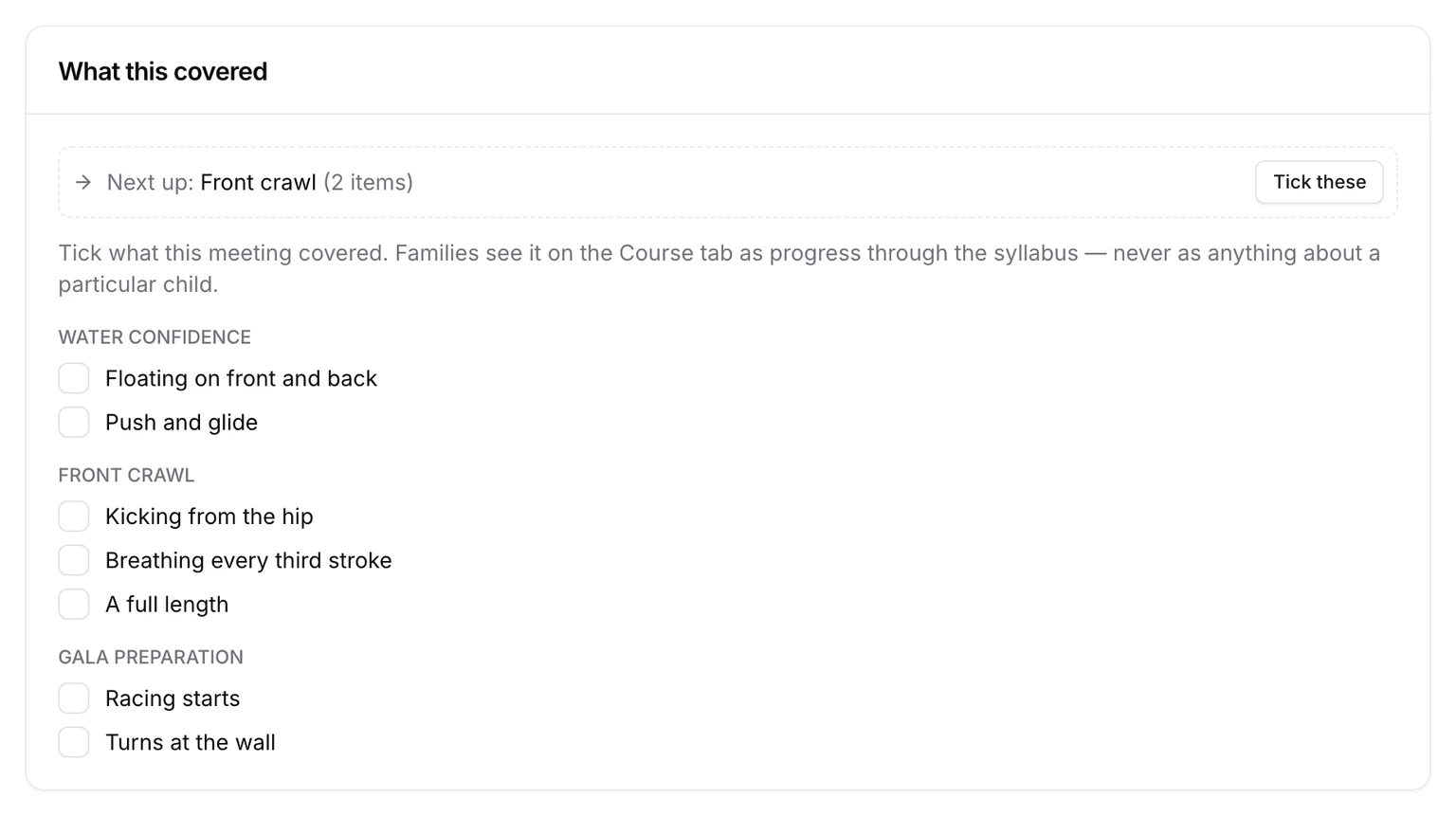 A meeting's What this covered card, with the syllabus items listed under their modules and a Tick these suggestion at the top