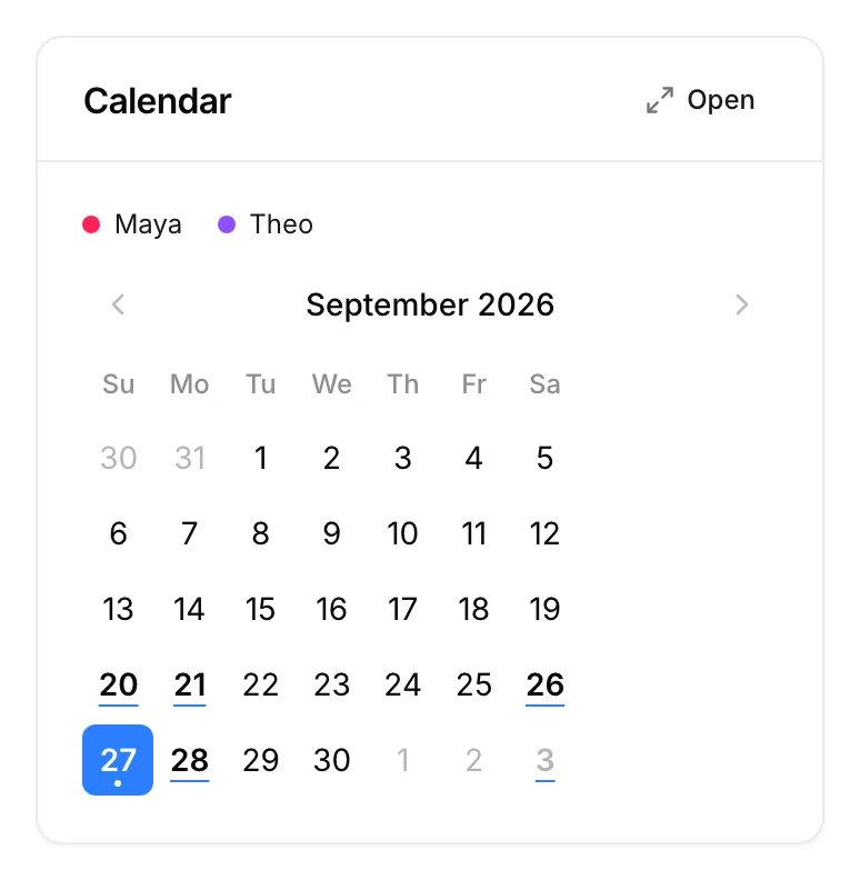 The household calendar, with a colored dot for each child above the month