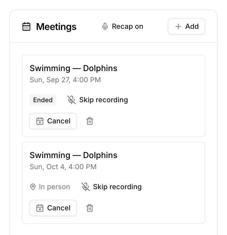 A class's Meetings card with Recap on at the top and Skip recording on each upcoming meeting