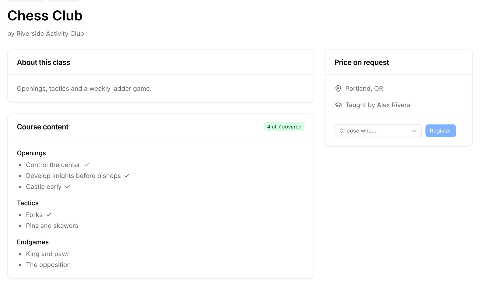 A class page: the course content, who teaches it, and the price box