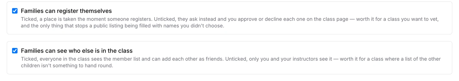 The class settings: Families can register themselves, and Families can see who else is in the class, both ticked