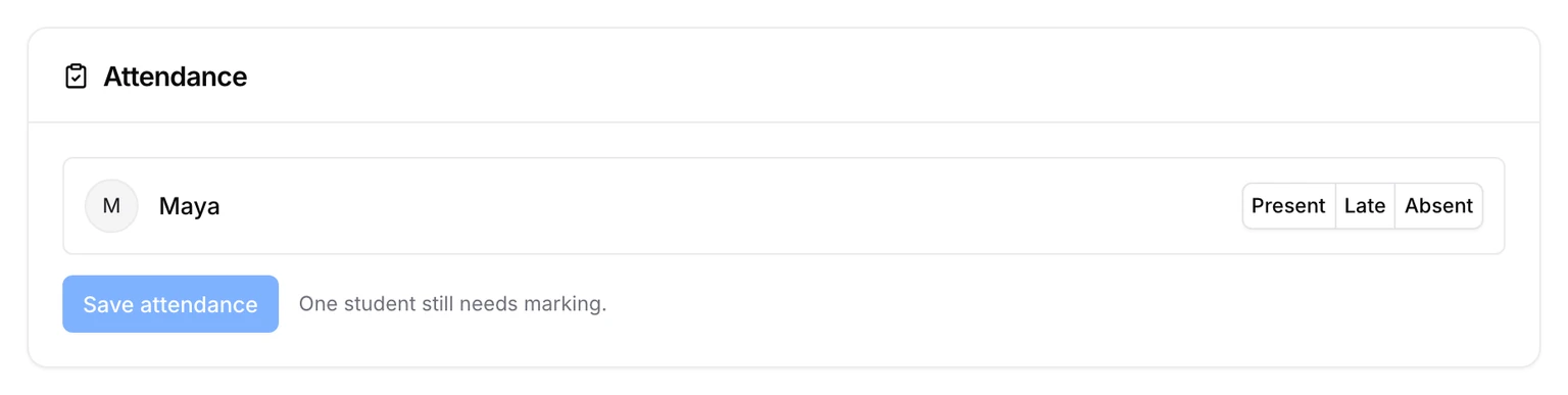 The Attendance card on a meeting page: a student with Present, Late and Absent, and a Save attendance button