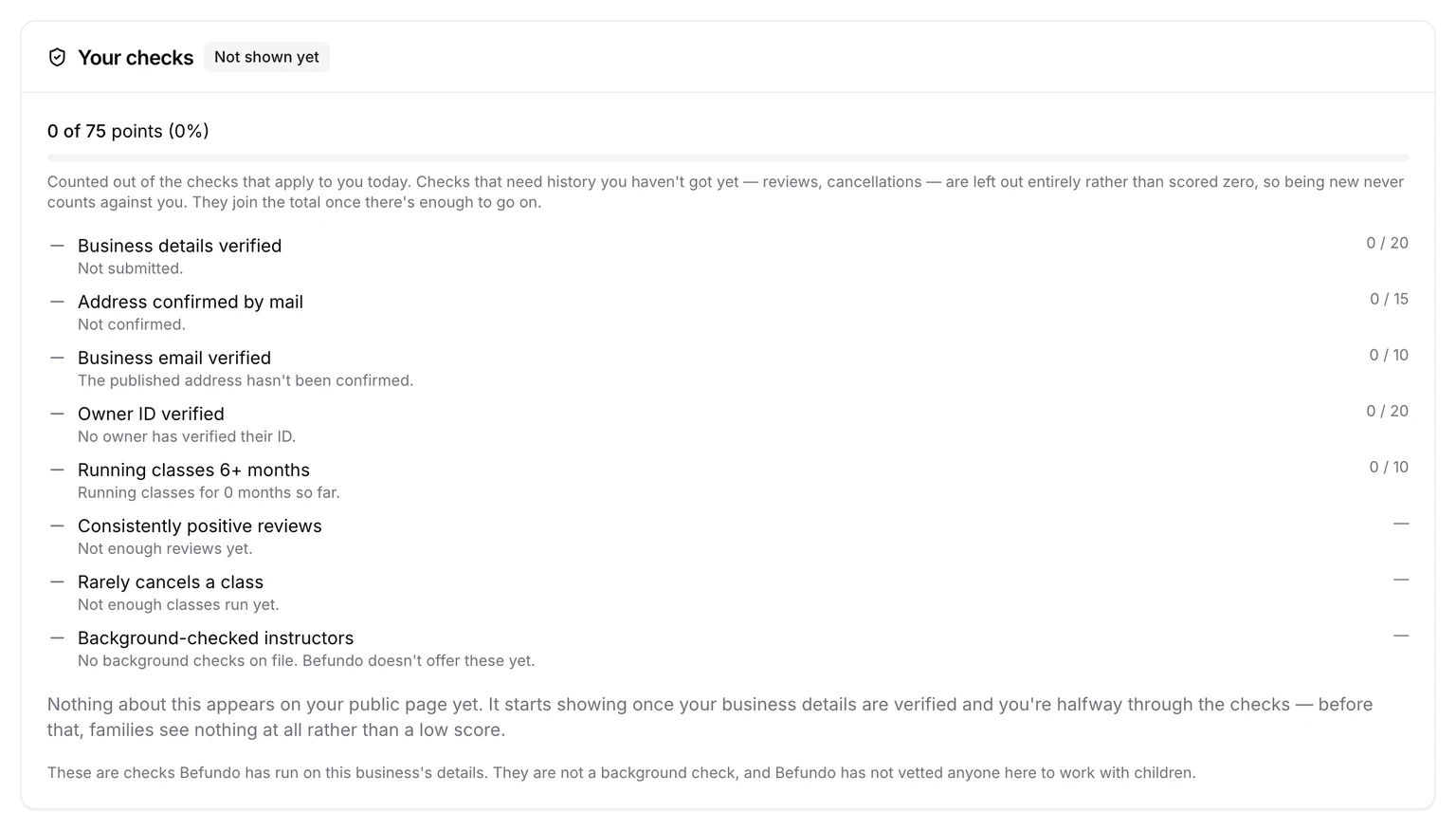 The Trust page's Your checks card: each check with its points, and a note that it is not a background check