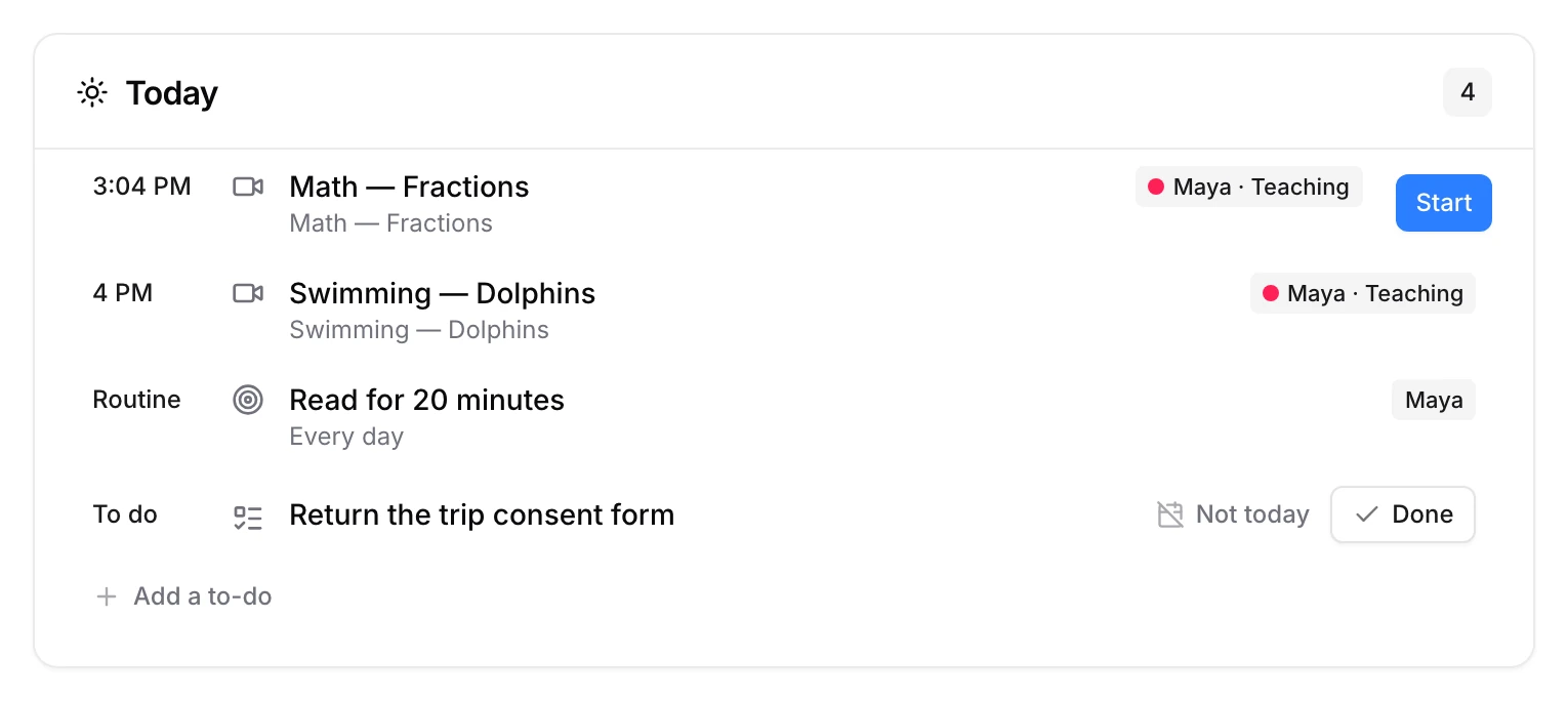 The Today card on a teacher's dashboard: the online class at the top with a Start button beside it